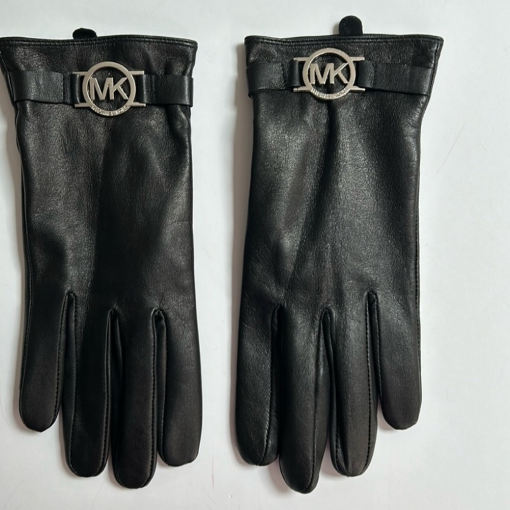 NWT Michael Kors Black Leather Gloves Gold Logo Size Large